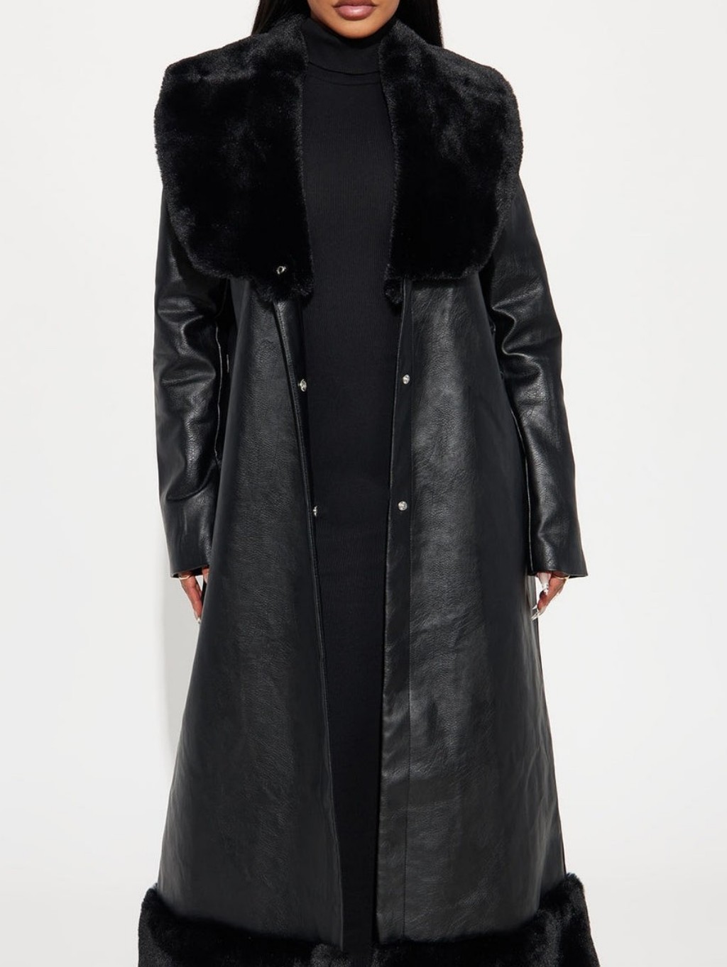 Black Faux Leather & Fur Trim Long Coat
